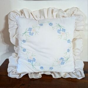 Vintage Floral Embroidered Needlepoint Throw Pillow Cottagecore Country Decor